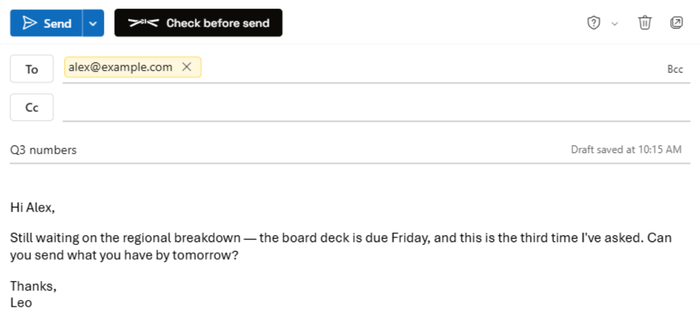 Outlook on the web compose window, with the dark Check before send button next to Send in the top toolbar, addressed to alex@example.com, subject Q3 numbers.